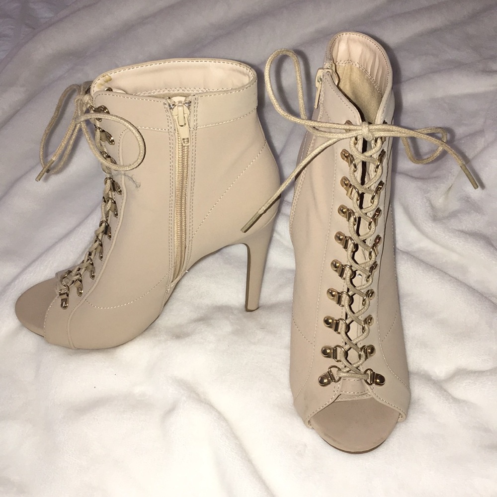 Lace Up Tan Open Toe High Heel Booties